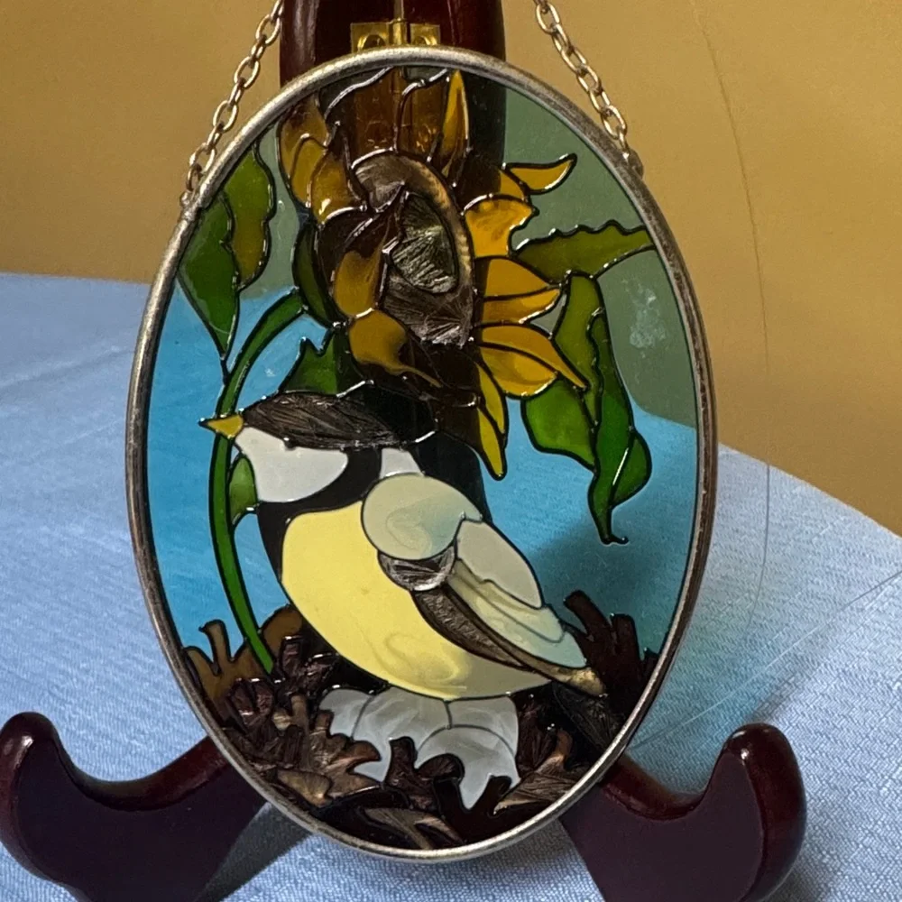 Stained Glass Bird Suncatcher Yellow Bird on nest with Sunflower hand painted